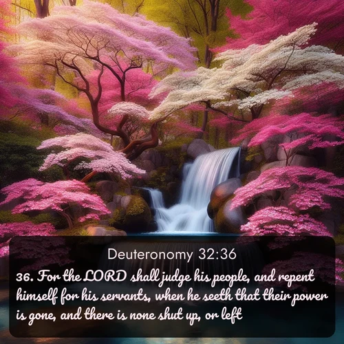 KJV Deuteronomy  ; image nature: image with the bible verse :For the LORD shall judge his people, and repent himself for his servants, when he seeth that their power is gone, and there is none shut up, or left. ; Explore Bible verses combined with serene beach photos, desert dunes, and infinite skies, highlighting God&#039;s majesty in every landscape. Download and share inspiring verses like KJV Deuteronomy 32:36. Current verse is overlayed with the thematic nature scene : A spring cascade plunges into a pool surrounded by flowering dogwood. ; 32:36