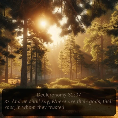 citation biblique : 37. And he shall say, Where are their gods, their rock in whom they trusted,
 sur fond image nature