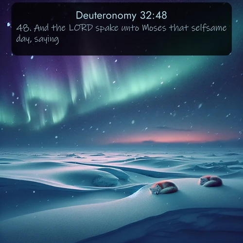 KJV Deuteronomy  ; image nature: image with the bible verse :And the LORD spake unto Moses that selfsame day, saying, ; Dive into a gallery of Bible verses illustrated by tropical beach scenes, featuring sparkling waves, seashells, and radiant sunrises. These images evoke divine peace and joy. Download and share inspiring verses like KJV Deuteronomy 32:48. Current verse is overlayed with the thematic nature scene : Northern lights dance across the frozen tundra in ribbons of green and purple. Snow falls silently on sleeping arctic foxes. ; 32:48
