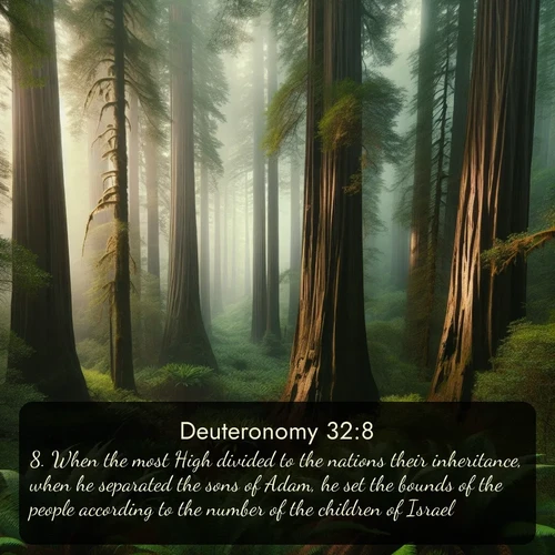 KJV Deuteronomy  ; image nature: image with the bible verse :When the most High divided to the nations their inheritance, when he separated the sons of Adam, he set the bounds of the people according to the number of the children of Israel. ; Browse our collection of Bible verses paired with captivating photos of God’s creation, like crystal-clear lakes, majestic cliffs, and colorful skies. All images are free for download and sharing. Verse examples include KJV Deuteronomy 32:8. Current verse is overlayed with the thematic nature scene : Coastal redwoods disappear into the fog high above a fern grove. ; 32:8