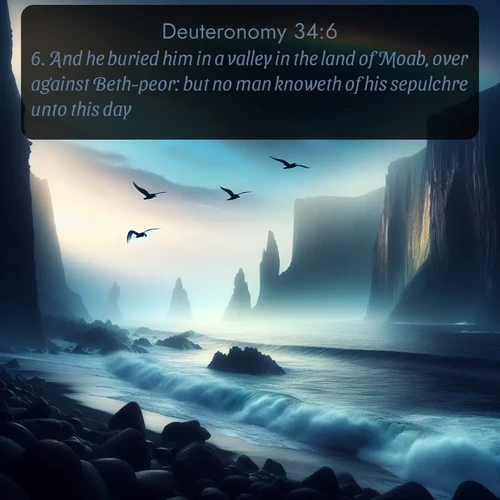 citation biblique : 6. And he buried him in a valley in the land of Moab, over against Beth-peor: but no man knoweth of his sepulchre unto this day.
 sur fond image nature