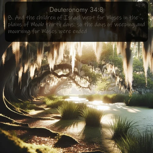 citation biblique : 8. And the children of Israel wept for Moses in the plains of Moab thirty days: so the days of weeping and mourning for Moses were ended.
 sur fond image nature