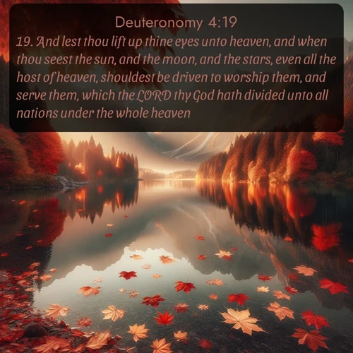 citation biblique : 19. And lest thou lift up thine eyes unto heaven, and when thou seest the sun, and the moon, and the stars, even all the host of heaven, shouldest be driven to worship them, and serve them, which the LORD thy God hath divided unto all nations under the whole heaven.
 sur fond image nature