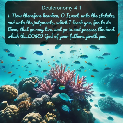 KJV Deuteronomy  ; image nature: image with the bible verse :Now therefore hearken, O Israel, unto the statutes and unto the judgments, which I teach you, for to do them, that ye may live, and go in and possess the land which the LORD God of your fathers giveth you. ; Discover beautiful Bible verse images enriched with natural landscapes, from serene beaches to cascading waterfalls. All images are free and ready to download. Share verses such as KJV Deuteronomy 4:1. Current verse is overlayed with the thematic nature scene : Tropical fish dart through coral reefs in crystal-clear waters. ; 4:1