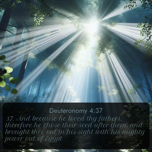 citation biblique : 37. And because he loved thy fathers, therefore he chose their seed after them, and brought thee out in his sight with his mighty power out of Egypt;
 sur fond image nature
