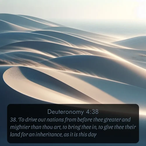 KJV Deuteronomy  ; image nature: image with the bible verse :To drive out nations from before thee greater and mightier than thou art, to bring thee in, to give thee their land for an inheritance, as it is this day. ; Explore a unique collection of Bible verses illustrated by winter landscapes, such as snowy mountains, frosty forests, and starry skies. These images capture the peace and beauty of winter. Share verses like KJV Deuteronomy 4:38. Current verse is overlayed with the thematic nature scene : Coastal dunes shift slowly beneath constant winds. ; 4:38