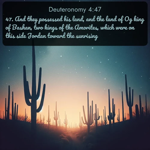 citation biblique : 47. And they possessed his land, and the land of Og king of Bashan, two kings of the Amorites, which were on this side Jordan toward the sunrising;
 sur fond image nature