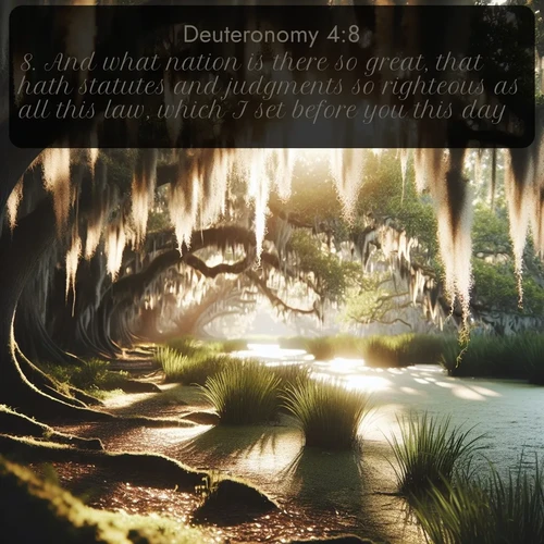 citation biblique : 8. And what nation is there so great, that hath statutes and judgments so righteous as all this law, which I set before you this day?
 sur fond image nature
