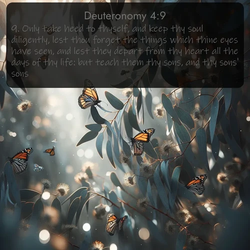 citation biblique : 9. Only take heed to thyself, and keep thy soul diligently, lest thou forget the things which thine eyes have seen, and lest they depart from thy heart all the days of thy life: but teach them thy sons, and thy sons&#039; sons;
 sur fond image nature