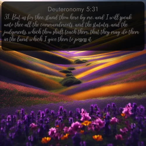 citation biblique : 31. But as for thee, stand thou here by me, and I will speak unto thee all the commandments, and the statutes, and the judgments, which thou shalt teach them, that they may do them in the land which I give them to possess it.
 sur fond image nature