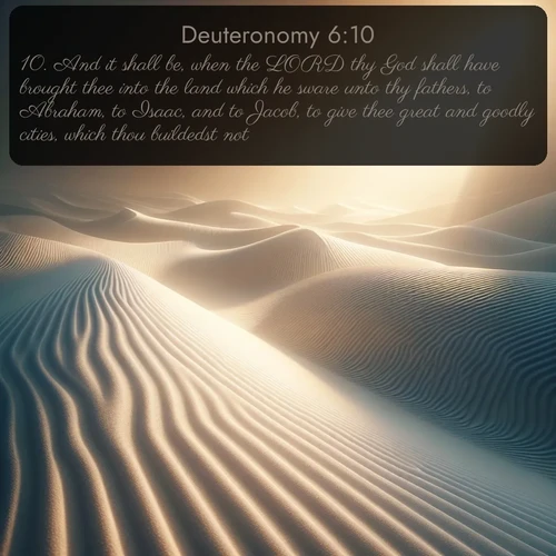 citation biblique : 10. And it shall be, when the LORD thy God shall have brought thee into the land which he sware unto thy fathers, to Abraham, to Isaac, and to Jacob, to give thee great and goodly cities, which thou buildedst not,
 sur fond image nature