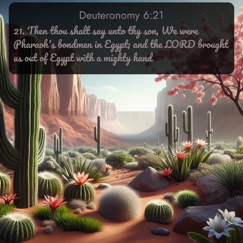 KJV Deuteronomy  ; image nature: image with the bible verse :Then thou shalt say unto thy son, We were Pharaoh&#039;s bondmen in Egypt; and the LORD brought us out of Egypt with a mighty hand: ; Admire our autumnal collection of Bible verse images accompanied by photos of paths lined with red and yellow leaves, fiery forests, and calm rivers. These images inspire reflection and serenity. Share verses like KJV Deuteronomy 6:21. Current verse is overlayed with the thematic nature scene : Desert cacti burst with spring blooms against red sandstone formations. ; 6:21
