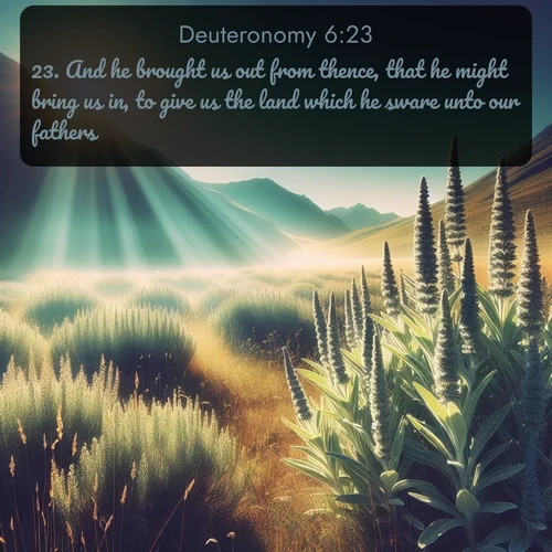 citation biblique : 23. And he brought us out from thence, that he might bring us in, to give us the land which he sware unto our fathers.
 sur fond image nature