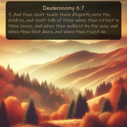citation biblique : 7. And thou shalt teach them diligently unto thy children, and shalt talk of them when thou sittest in thine house, and when thou walkest by the way, and when thou liest down, and when thou risest up.
 sur fond image nature