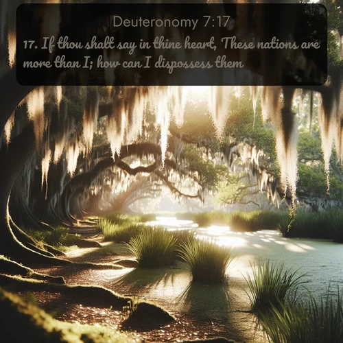 citation biblique : 17. If thou shalt say in thine heart, These nations are more than I; how can I dispossess them?
 sur fond image nature