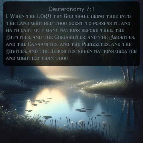 citation biblique : 1. When the LORD thy God shall bring thee into the land whither thou goest to possess it, and hath cast out many nations before thee, the Hittites, and the Girgashites, and the Amorites, and the Canaanites, and the Perizzites, and the Hivites, and the Jebusites, seven nations greater and mightier than thou;
 sur fond image nature