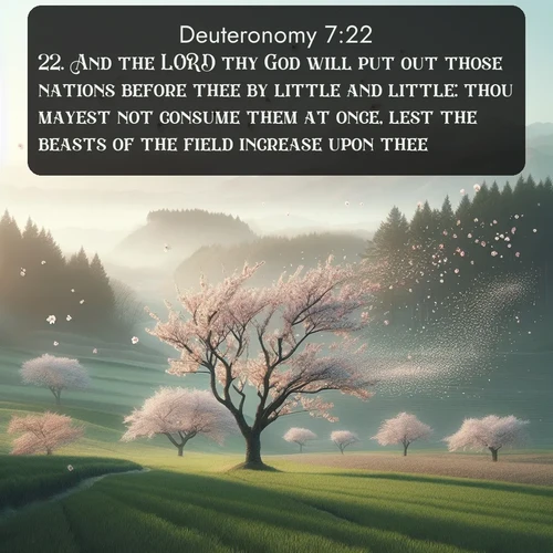 citation biblique : 22. And the LORD thy God will put out those nations before thee by little and little: thou mayest not consume them at once, lest the beasts of the field increase upon thee.
 sur fond image nature