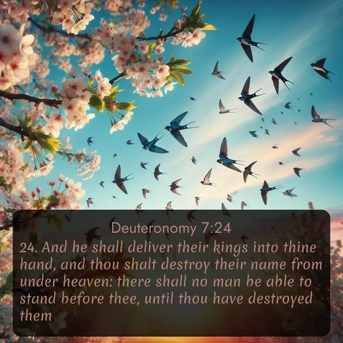 citation biblique : 24. And he shall deliver their kings into thine hand, and thou shalt destroy their name from under heaven: there shall no man be able to stand before thee, until thou have destroyed them.
 sur fond image nature