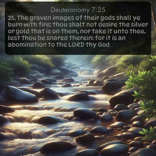 KJV Deuteronomy  ; image nature: image with the bible verse :The graven images of their gods shall ye burn with fire: thou shalt not desire the silver or gold that is on them, nor take it unto thee, lest thou be snared therein: for it is an abomination to the LORD thy God. ; Admire Bible verse images capturing the beauty of beaches, with turquoise waters, palm trees, and peaceful shores. These soothing scenes reflect God&#039;s serenity and majesty. Download and share verses like KJV Deuteronomy 7:25. Current verse is overlayed with the thematic nature scene : A mountain stream tumbles over smooth rocks between banks of mountain laurel. ; 7:25