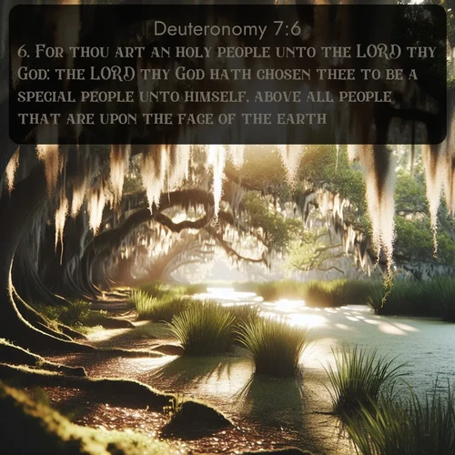 citation biblique : 6. For thou art an holy people unto the LORD thy God: the LORD thy God hath chosen thee to be a special people unto himself, above all people that are upon the face of the earth.
 sur fond image nature