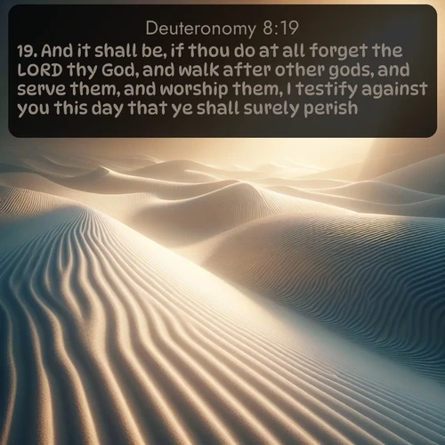 KJV Deuteronomy  ; image nature: image with the bible verse :And it shall be, if thou do at all forget the LORD thy God, and walk after other gods, and serve them, and worship them, I testify against you this day that ye shall surely perish. ; Discover a rich selection of Bible verse images illustrated by natural landscapes like tranquil beaches, golden fields, and majestic trees. These images aim to capture the peace and beauty of God&#039;s creation, with vibrant colors and varied typography. Download and share inspiring verses like KJV Deuteronomy 8:19. Current verse is overlayed with the thematic nature scene : Sand ripples stretch endlessly across white gypsum dunes. ; 8:19