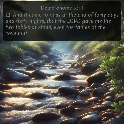 citation biblique : 11. And it came to pass at the end of forty days and forty nights, that the LORD gave me the two tables of stone, even the tables of the covenant.
 sur fond image nature