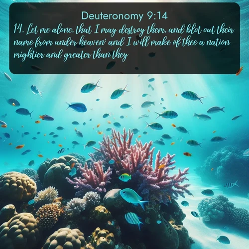 citation biblique : 14. Let me alone, that I may destroy them, and blot out their name from under heaven: and I will make of thee a nation mightier and greater than they.
 sur fond image nature