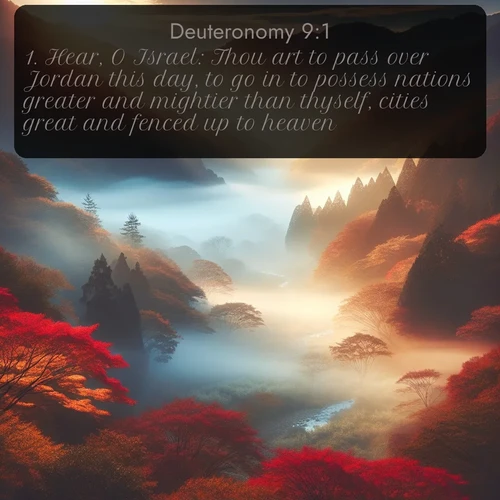 citation biblique : 1. Hear, O Israel: Thou art to pass over Jordan this day, to go in to possess nations greater and mightier than thyself, cities great and fenced up to heaven,
 sur fond image nature
