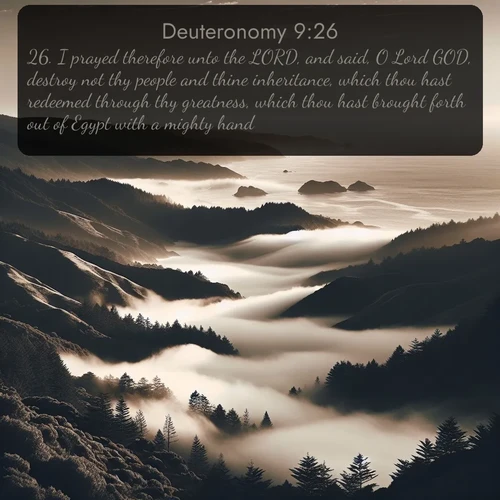 citation biblique : 26. I prayed therefore unto the LORD, and said, O Lord GOD, destroy not thy people and thine inheritance, which thou hast redeemed through thy greatness, which thou hast brought forth out of Egypt with a mighty hand.
 sur fond image nature