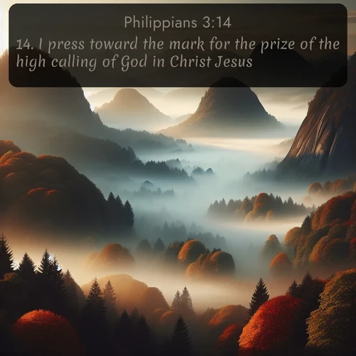 citation biblique : 14. I press toward the mark for the prize of the high calling of God in Christ Jesus.
 sur fond image nature