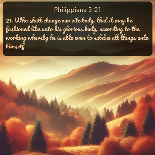 citation biblique : 21. Who shall change our vile body, that it may be fashioned like unto his glorious body, according to the working whereby he is able even to subdue all things unto himself.
 sur fond image nature