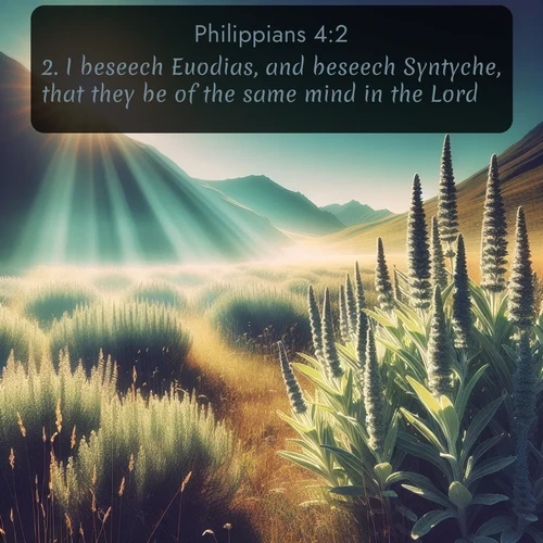 citation biblique : 2. I beseech Euodias, and beseech Syntyche, that they be of the same mind in the Lord.
 sur fond image nature