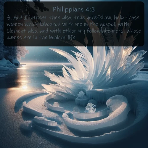 citation biblique : 3. And I intreat thee also, true yokefellow, help those women which laboured with me in the gospel, with Clement also, and with other my fellowlabourers, whose names are in the book of life.
 sur fond image nature