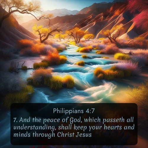 citation biblique : 7. And the peace of God, which passeth all understanding, shall keep your hearts and minds through Christ Jesus.
 sur fond image nature