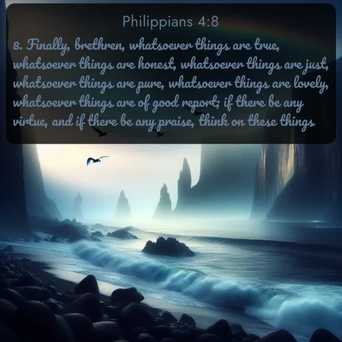 citation biblique : 8. Finally, brethren, whatsoever things are true, whatsoever things are honest, whatsoever things are just, whatsoever things are pure, whatsoever things are lovely, whatsoever things are of good report; if there be any virtue, and if there be any praise, think on these things.
 sur fond image nature