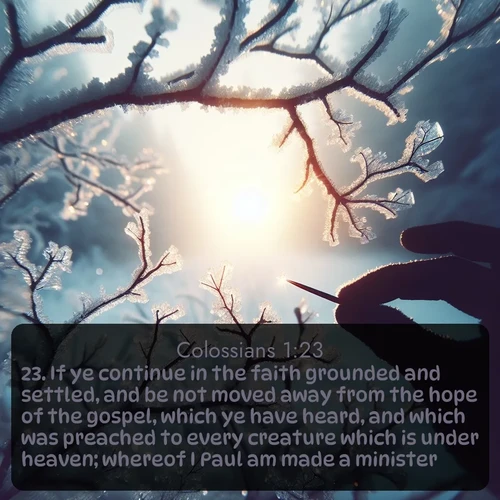 citation biblique : 23. If ye continue in the faith grounded and settled, and be not moved away from the hope of the gospel, which ye have heard, and which was preached to every creature which is under heaven; whereof I Paul am made a minister;
 sur fond image nature