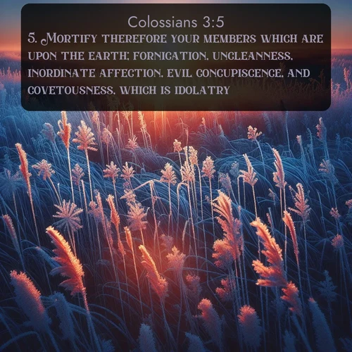 citation biblique : 5. Mortify therefore your members which are upon the earth; fornication, uncleanness, inordinate affection, evil concupiscence, and covetousness, which is idolatry:
 sur fond image nature
