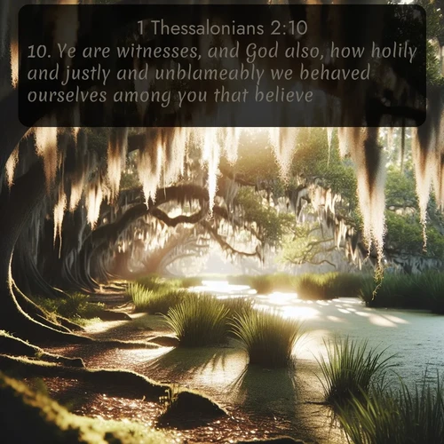 KJV 1 Thessalonians  ; image nature: image with the bible verse :Ye are witnesses, and God also, how holily and justly and unblameably we behaved ourselves among you that believe: ; Explore an inspiring selection of Bible verse images adorned with nature photos, such as starry skies, verdant hills, and golden beaches. Each image reflects the peace and beauty of God&#039;s creation with vibrant colors and varied fonts. Share uplifting verses like KJV 1 Thessalonians 2:10. Current verse is overlayed with the thematic nature scene : Summer afternoon light filters through Spanish moss in a bayou. ; 2:10