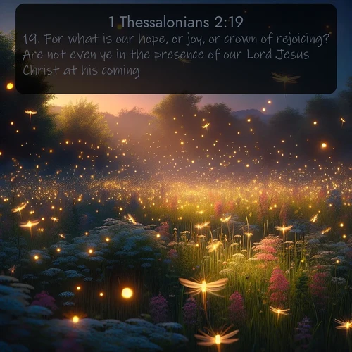 citation biblique : 19. For what is our hope, or joy, or crown of rejoicing? Are not even ye in the presence of our Lord Jesus Christ at his coming?
 sur fond image nature