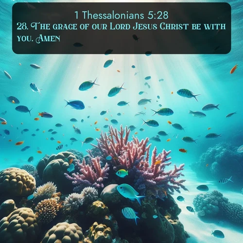 KJV 1 Thessalonians 5:28 overlaying nature image scene: Tropical fish dart through coral reefs in crystal-clear waters.;28. The grace of our Lord Jesus Christ be with you. Amen.