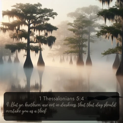 KJV 1 Thessalonians 5:4 overlaying nature image scene: Morning fog clings to gnarled cypress trees in the swamp. An alligator glides silently through the dark water.;4. But ye, brethren, are not in darkness, that that day should overtake you as a thief.