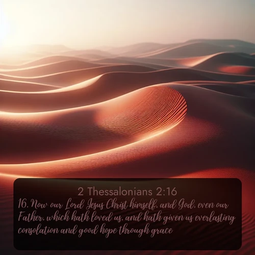 KJV 2 Thessalonians 2:16 overlaying nature image scene: Desert wind sculpts abstract patterns in red sand.;16. Now our Lord Jesus Christ himself, and God, even our Father, which hath loved us, and hath given us everlasting consolation and good hope through grace,
