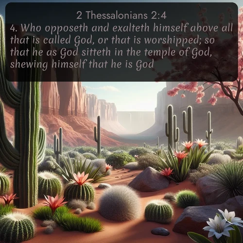 KJV 2 Thessalonians 2:4 overlaying nature image scene: Desert cacti burst with spring blooms against red sandstone formations.;4. Who opposeth and exalteth himself above all that is called God, or that is worshipped; so that he as God sitteth in the temple of God, shewing himself that he is God.