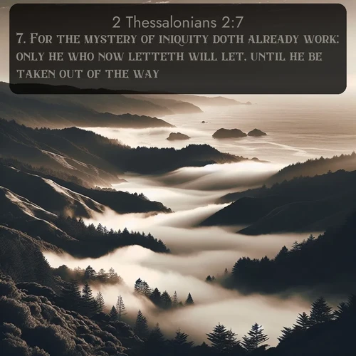 citation biblique : 7. For the mystery of iniquity doth already work: only he who now letteth will let, until he be taken out of the way.
 sur fond image nature