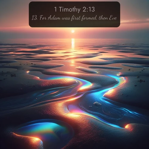 KJV 1 Timothy 2:13 overlaying nature image scene: Tidal pools reflect sunset colors at low tide.;13. For Adam was first formed, then Eve.