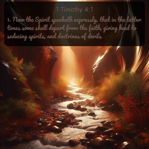 citation biblique : 1. Now the Spirit speaketh expressly, that in the latter times some shall depart from the faith, giving heed to seducing spirits, and doctrines of devils;
 sur fond image nature
