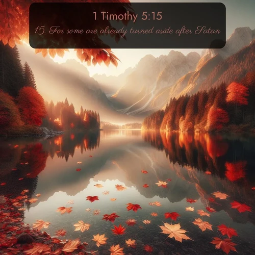 KJV 1 Timothy  ; image nature: image with the bible verse :For some are already turned aside after Satan. ; Explore free Bible verse images with stunning nature themes, including sunlit paths, forest clearings, and endless horizons. Perfect for desktop backgrounds or phone wallpapers. Verses include KJV 1 Timothy 5:15. Current verse is overlayed with the thematic nature scene : Autumn leaves scatter across mirror-like mountain lakes. ; 5:15
