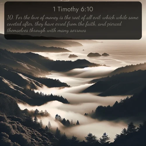 citation biblique : 10. For the love of money is the root of all evil: which while some coveted after, they have erred from the faith, and pierced themselves through with many sorrows.
 sur fond image nature