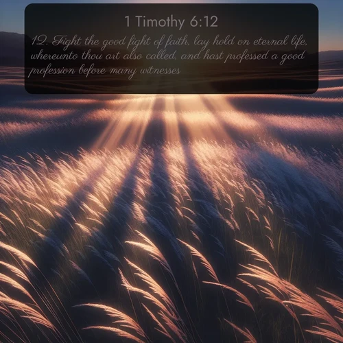 citation biblique : 12. Fight the good fight of faith, lay hold on eternal life, whereunto thou art also called, and hast professed a good profession before many witnesses.
 sur fond image nature