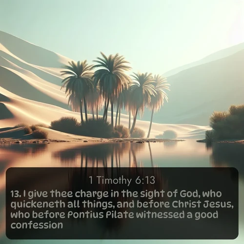 citation biblique : 13. I give thee charge in the sight of God, who quickeneth all things, and before Christ Jesus, who before Pontius Pilate witnessed a good confession;
 sur fond image nature